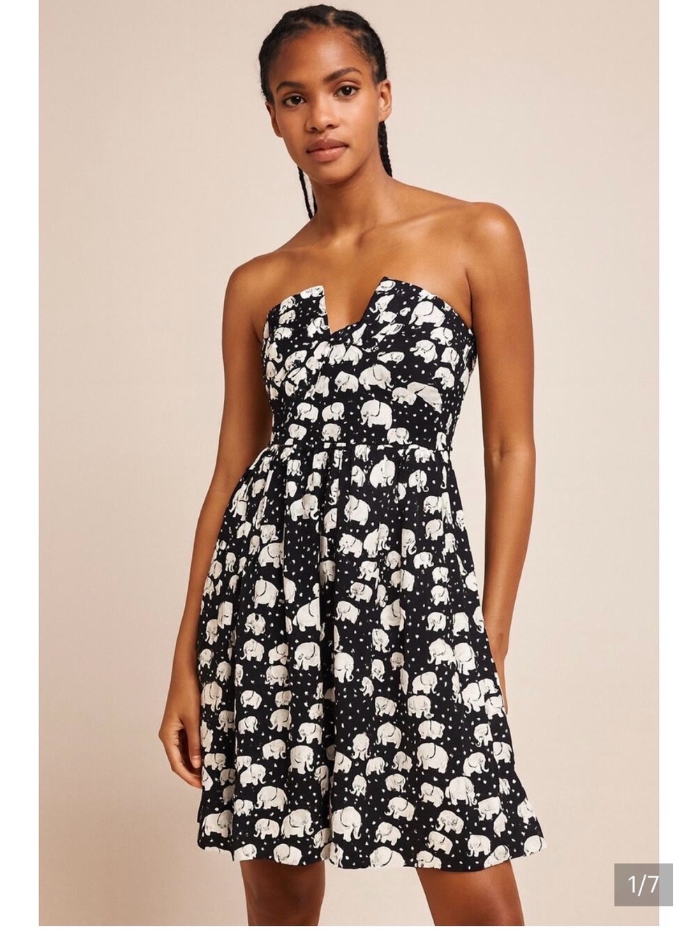 Anthropologie Porridge Strapless Black and White Elephant Print Dress